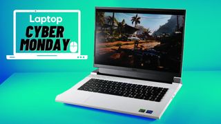 The Dell G16 gaming laptop in front of a green and blue background with a Laptop Mag deals icon