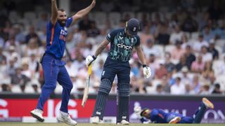 Ben Stokes of England is caught by wicket keeper Rishabh Pant of India off the bowling of Mohammed Shami during the 1st Royal London Series One Day International between England and India at The Kia Oval