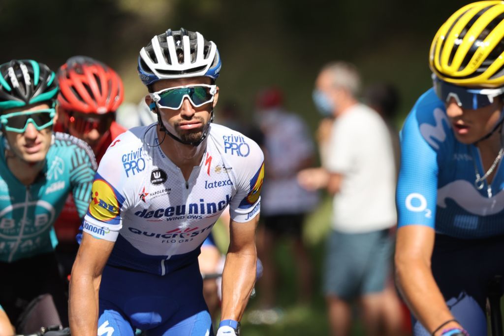 Team Deceuninck rider Frances Julian Alaphilippe leads the escapees during the 13th stage of the 107th edition of the Tour de France cycling race 191 km between ChatelGuyon and Puy Mary on September 11 2020 Photo by KENZO TRIBOUILLARD AFP Photo by KENZO TRIBOUILLARDAFP via Getty Images