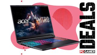 An image of an Acer Nitro V 16S gaming laptop against a colorful background, with the phrase 'Deals' on the right side above a PC Gamer logo
