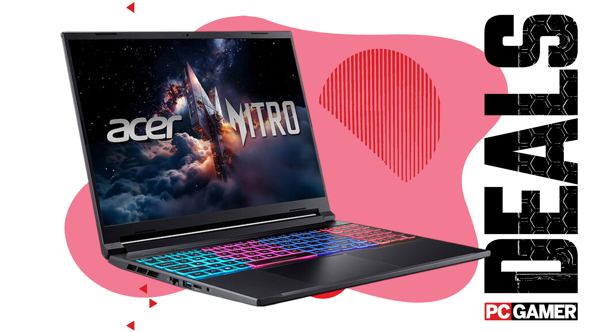 An image of an Acer Nitro V 16S gaming laptop against a colorful background, with the phrase 'Deals' on the right side above a PC Gamer logo