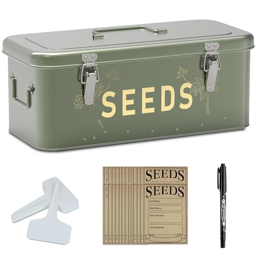 Orionstar Seed Storage Organizer, Metal Seed Saving Box With Lid, Seed Bin With 30 Plant Labels 30 Seed Envelopes 1 Marker Pens, 4 Compartments Box With Safety Locks, Blackish Green