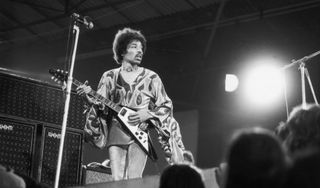 Jimi Hendrix performs with his 1969 Flying V at Isle of Wight Festival on August 31, 1970