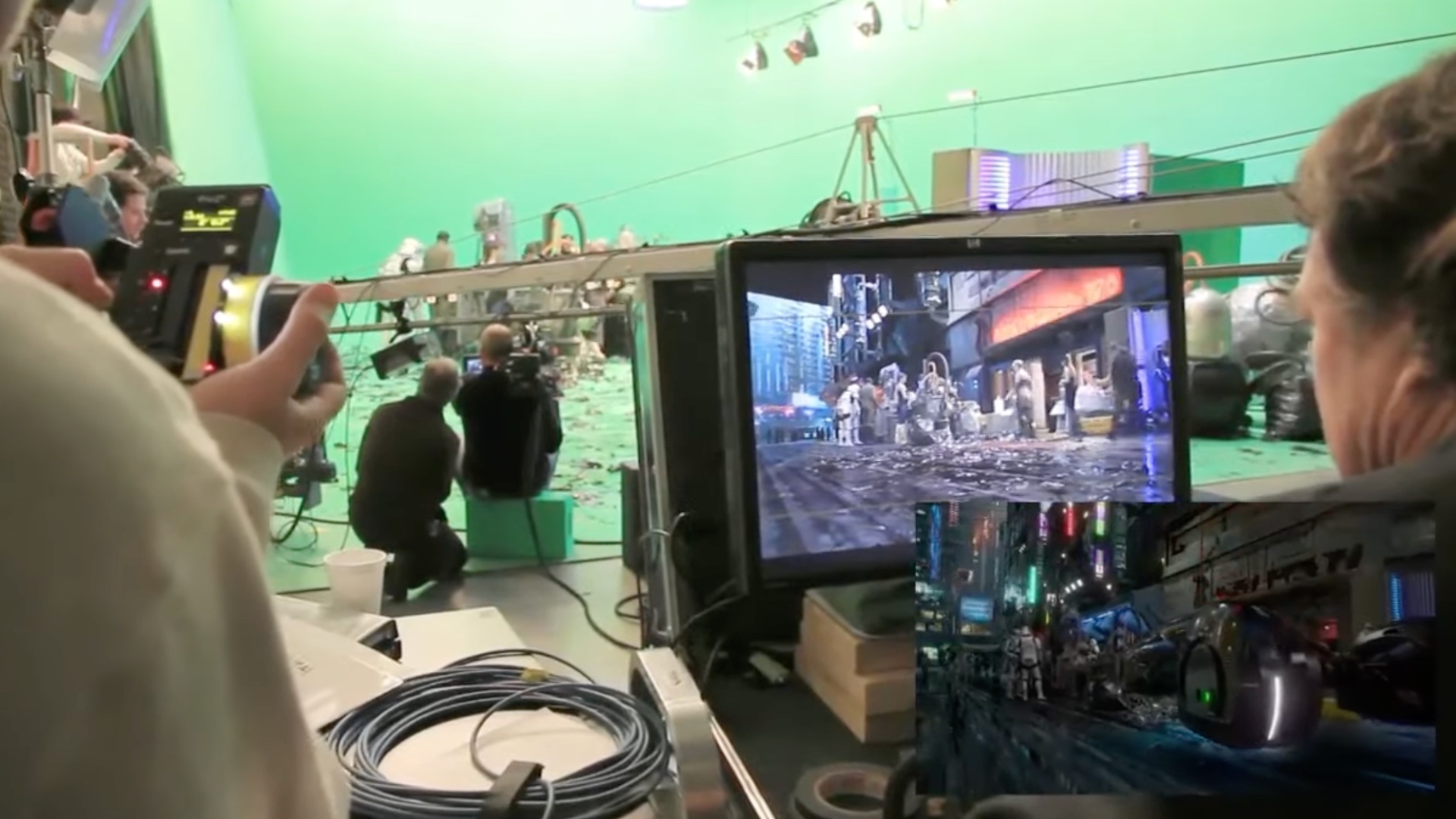 Behind the scenes on Star Wars: Underworld, showing cameras, cre,w and the green screen set.