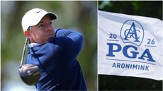 Rory McIlroy hitting a shot at the PGA Championship at Aronimink Golf Course