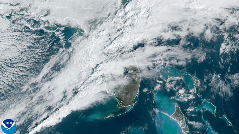 A satellite view of stormy weather sweeping across Florida on Monday morning when the tornado hit north of Orlando. 