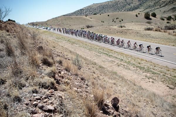 The peloton gets strung out through the scenic New Mexico countryside