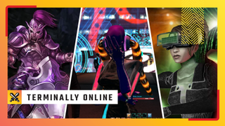 A triple-split header image in which three different MMOs are displayed, with PC Gamer's Terminally Online overlay imposed on top of them.