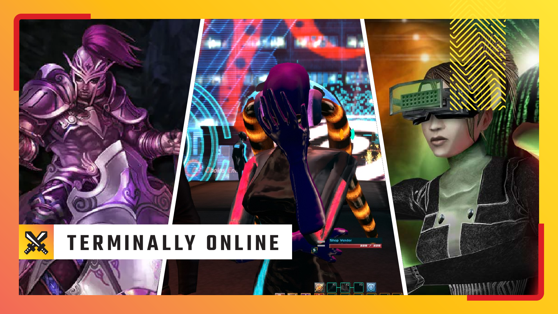 A triple-split header image in which three different MMOs are displayed, with PC Gamer's Terminally Online overlay imposed on top of them.