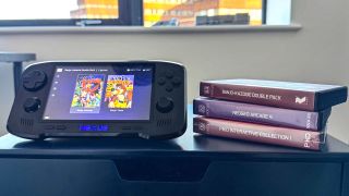 Evercade Nexus playing Banjo-Kazooie next to a stack of Evercade game cases