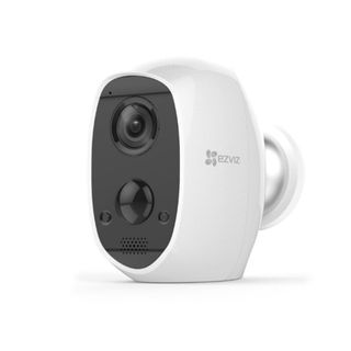 White Ezviz C3A camera with a black lens on a white background