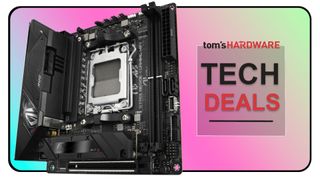 Asus ROG B650E-I Gaming Wi-Fi motherboard on gradient background with Tom's Hardware Tech Deals lettering.