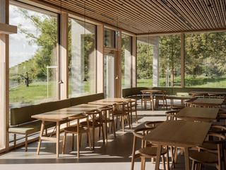 Herzog& de Meuron Children's Hospital in Zurich timber building interior and exterior engulfed in foliage