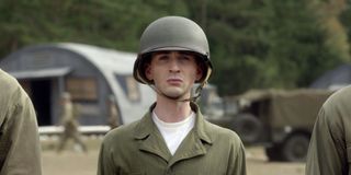 Chris Evans and Leander Deeny as Skinny Steve in Captain America: The First Avenger