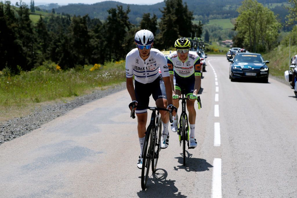 SAINT HAON LE VIEUXON FRANCE JUNE 01 Omer Goldstein of Israel and Team Israel StartUp Nation Loc Vliegen of Belgium and Team Intermarch Wanty Gobert Matriaux in breakaway during the 73rd Critrium du Dauphin 2021 Stage 3 a 1722km stage from Langeac to Saint Haon Le Vieuxon UCIworldtour Dauphin dauphine June 01 2021 in Saint Haon Le Vieuxon France Photo by Bas CzerwinskiGetty Images