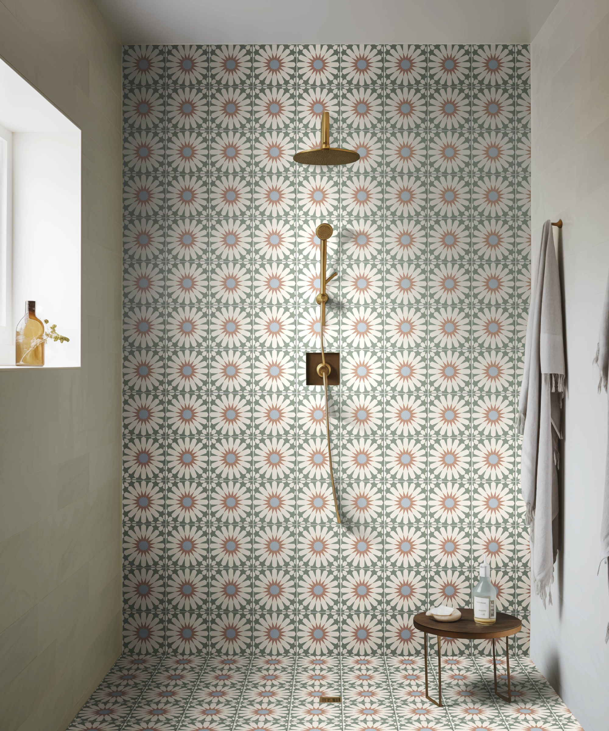Shower room with tiled back wall and flooring