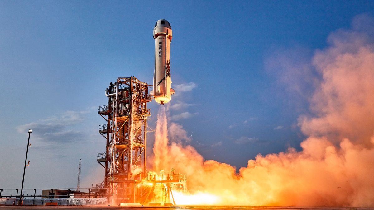 Blue Origin’s New Shepard rocket lifts off from the company&#039;s West Texas launch site, carrying Jeff Bezos along with his brother Mark Bezos, 18-year-old Oliver Daemen and 82-year-old Wally Funk, on July 20, 2021.