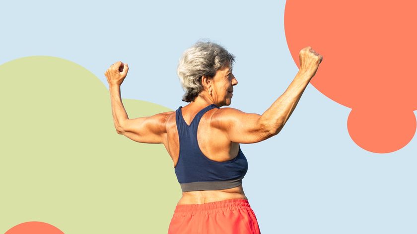 a photo of a senior woman with strong arms
