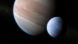 An illustration shows an exomoon orbiting an exoplanet