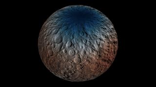 A portion of the northern hemisphere of dwarf planet Ceres appears in this map, which includes neutron counting data acquired by the gamma ray and neutron detector (GRaND) instrument aboard NASA's Dawn spacecraft. Blue indicates lowest neutron count, and, at the other end of the scale, red indicates the highest neutron count. Image released March 22, 2016.