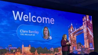 Clare Barclay, CEO of Microsoft UK, speaking at the Microsoft AI Tour, during which the company unveiled the expansion of Microsoft Copilot Agents.