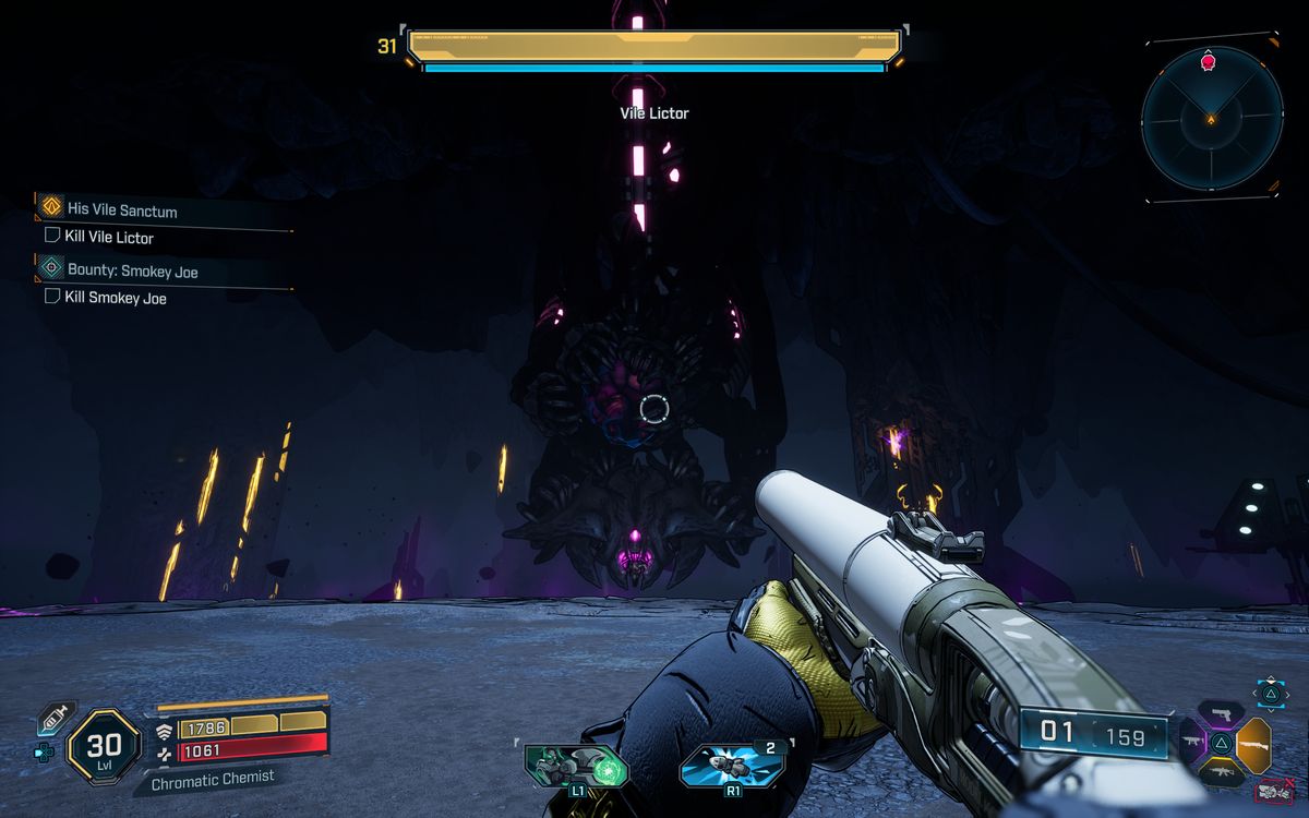 Borderlands 4 Super Soldier location: A player looking at Vile Lictor just as the boss fight begins inside his dark cave.