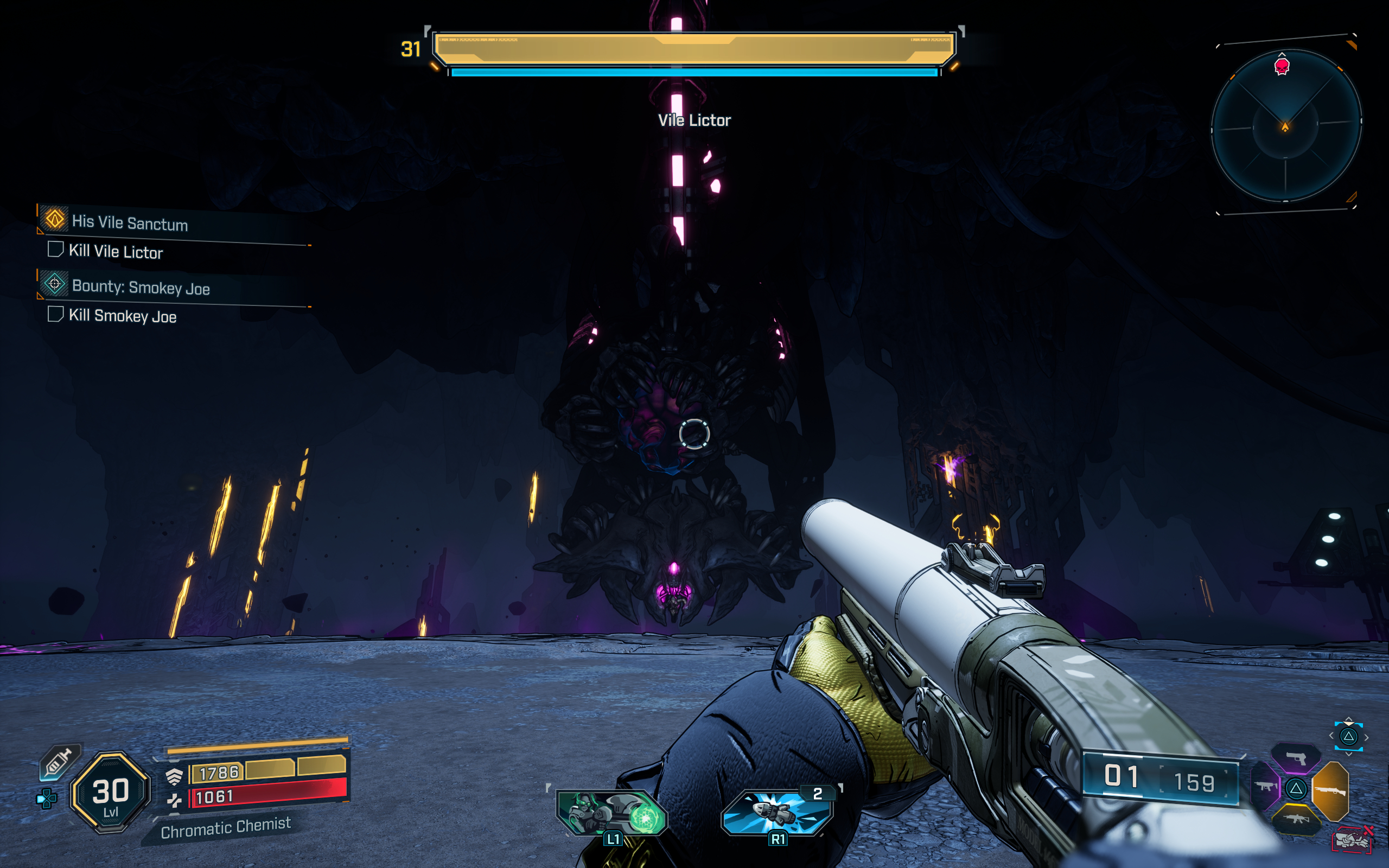 Borderlands 4 Super Soldier location: A player looking at Vile Lictor just as the boss fight begins inside his dark cave.
