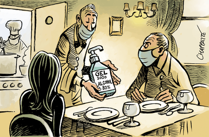 Editorial Cartoon World restaurant reopening coronavirus hand sanitizer wine