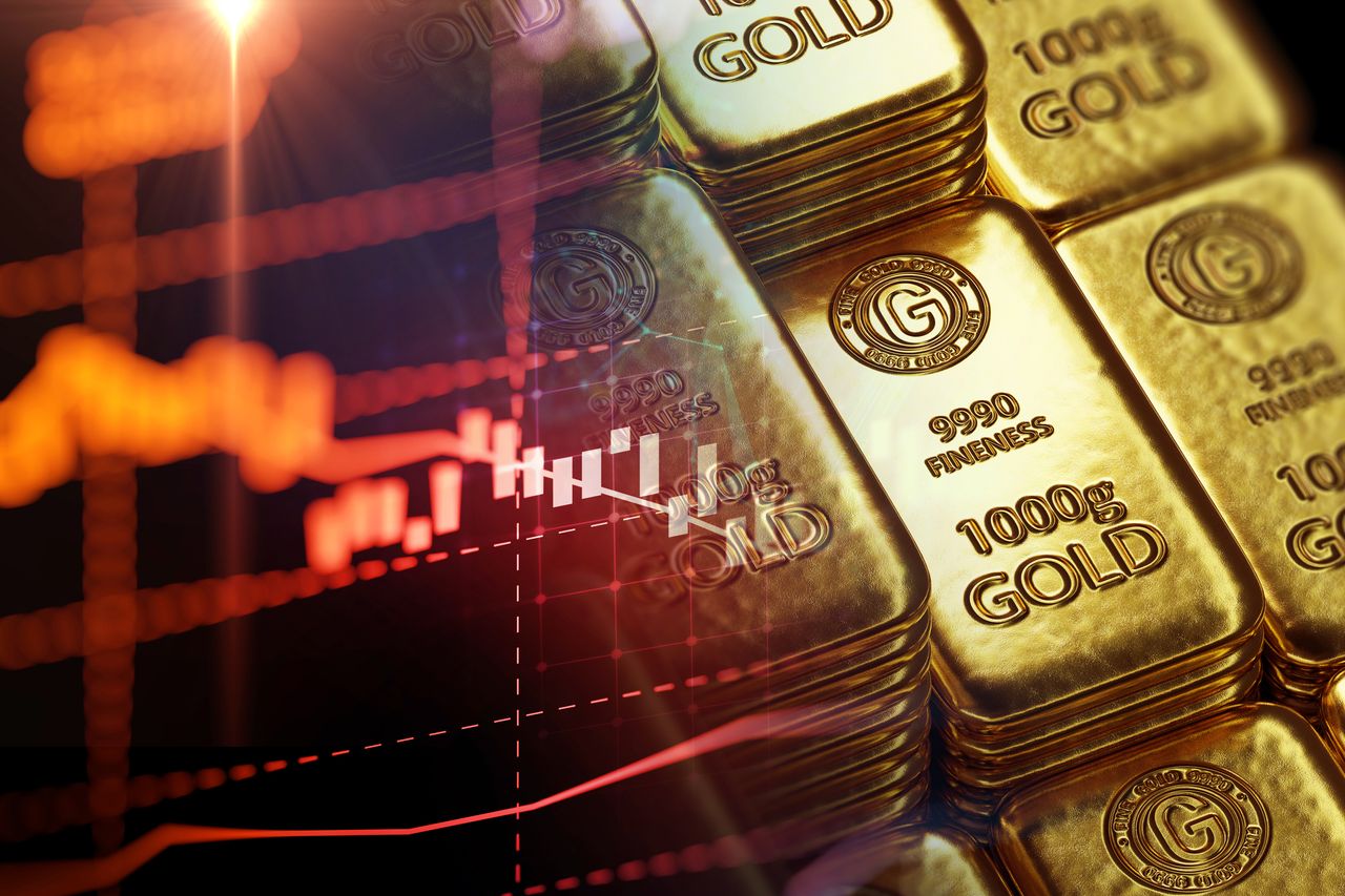 Stack of gold bars with a financial chart in the background