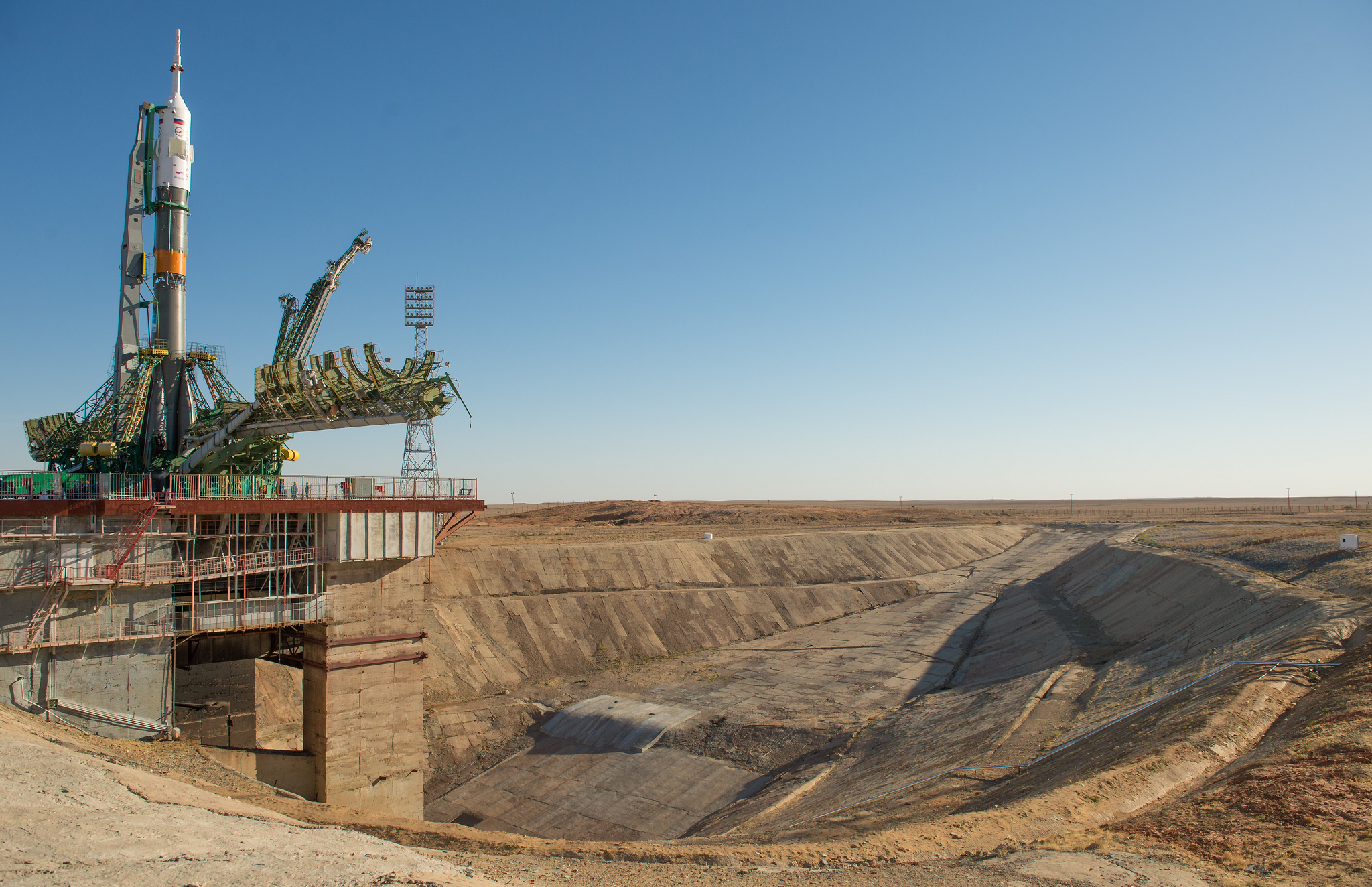 The Soyuz rocket is seen on its launch pad shortly after being lifted into its upright position on Monday, Sept. 23, 2013, at the Baikonur Cosmodrome in Kazakhstan.