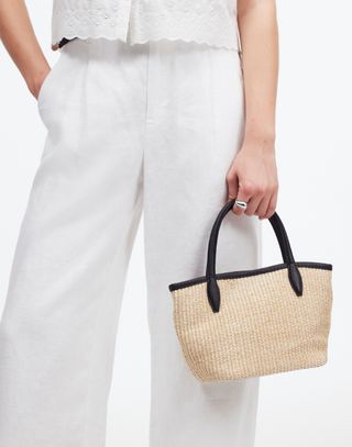 madewell Mini Shopper Tote Bag in Leather with Straw