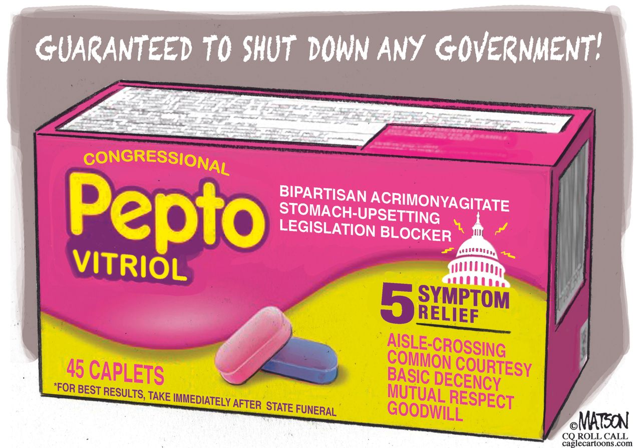 Political cartoon U.S. pepto vitriol congress government shutdown legislation blocker partisan politics