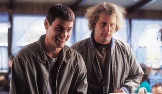 Dumb and Dumber Jim Carrey and Jeff Daniels politely talking to the cashier at a diner