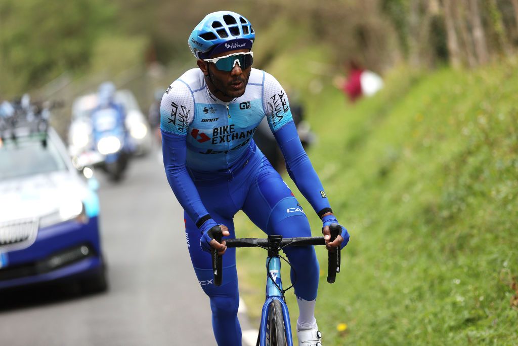 ARRATE SPAIN APRIL 09 Tsgabu Gebremaryam Grmay of Ethiopia and Team BikeExchange Jayco competes in the chase during the 61st Itzulia Basque Country 2022 Stage 6 a 1357km stage from Eibar to Arrate itzulia WorldTour on April 09 2022 in Arrate Spain Photo by Gonzalo Arroyo MorenoGetty Images