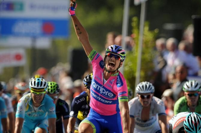 An ecstatic Filippo Pozzato (Lampre-Merida) celebrates victory at the GP Ouest France-Plouay