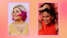 Coachella hair trends: a women pictured with blonde and pink hair alongside a women holding her brunette curly hair/in an orange and pink template