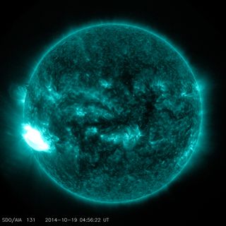 NASA's Solar Dynamics Observatory captured this ultraviolet-light image of an X1.1 flare erupting from the sun on Oct. 19, 2014.