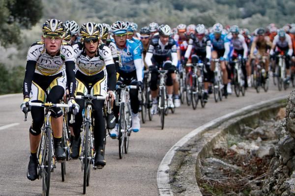 Team HTC-Columbia reached the top of the second category mountain still leading the peloton.
