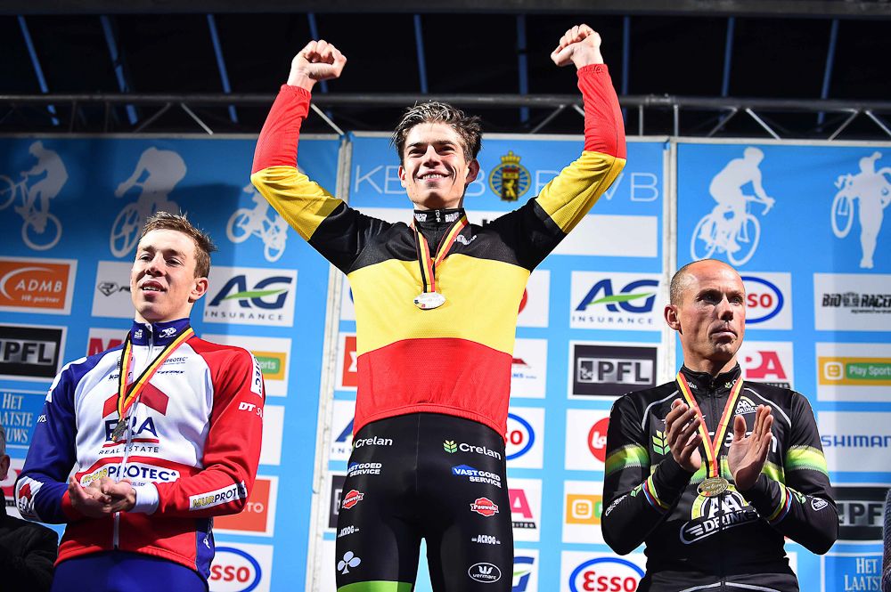 Laurens Sweeck, Wout Van Aert and Sven Nys on the 2016 Belgian championship podium.