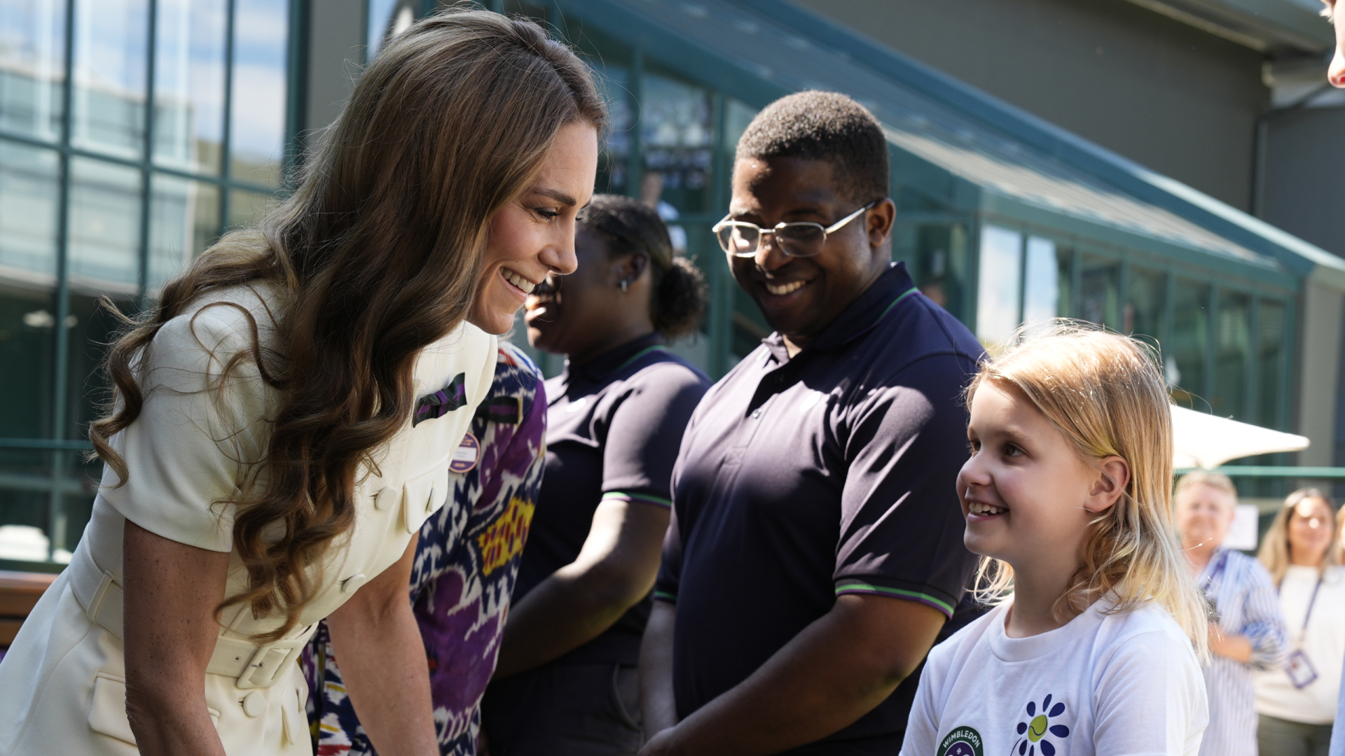 The Princess of Wales meeting 8-year-old Lydia Lowe from the Dan Maskell Tennis Trust at the Ladies' Singles Final during day thirteen of The Championships Wimbledon 2025 at All England Lawn Tennis and Croquet Club on July 12, 2025