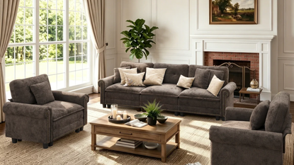 a living room with brown furniture