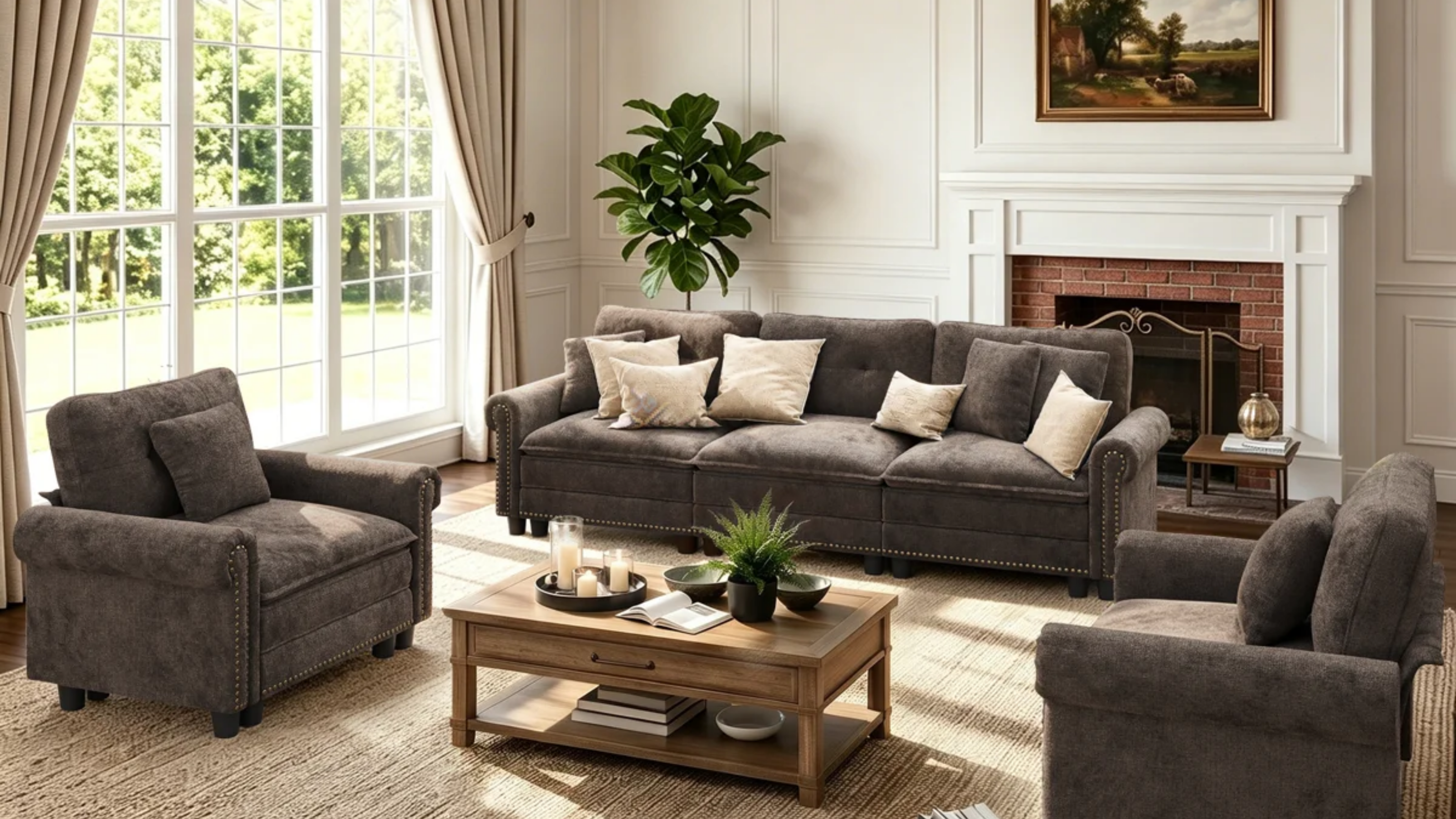 a living room with brown furniture