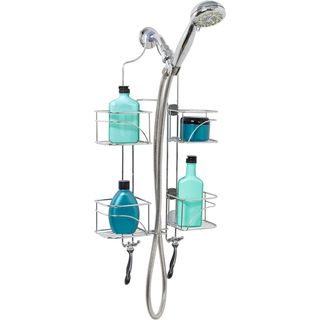 A chrome hanging shower caddy hangs over a chrome shower head