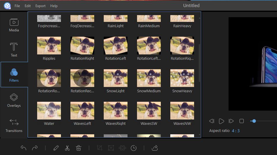 ApowerEdit offers a wide selection of filters, overlays and transition effects