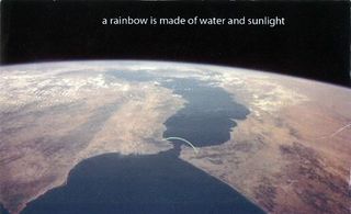 ’A Rainbow is Made of Water & Sunlight’ by Nikos Smyrlis. A postcard with an image of the earth from space on it.