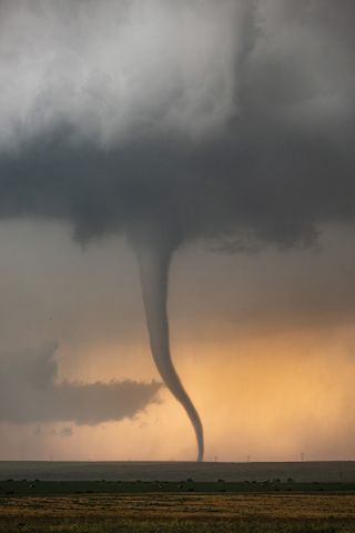 A large tornado touches down in a field under a stormy sky at sunset