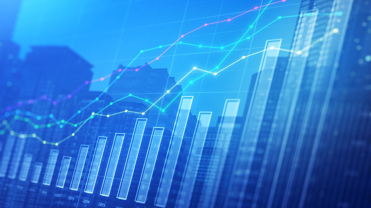 Sales graph concept image in blue showing upward market trajectory.