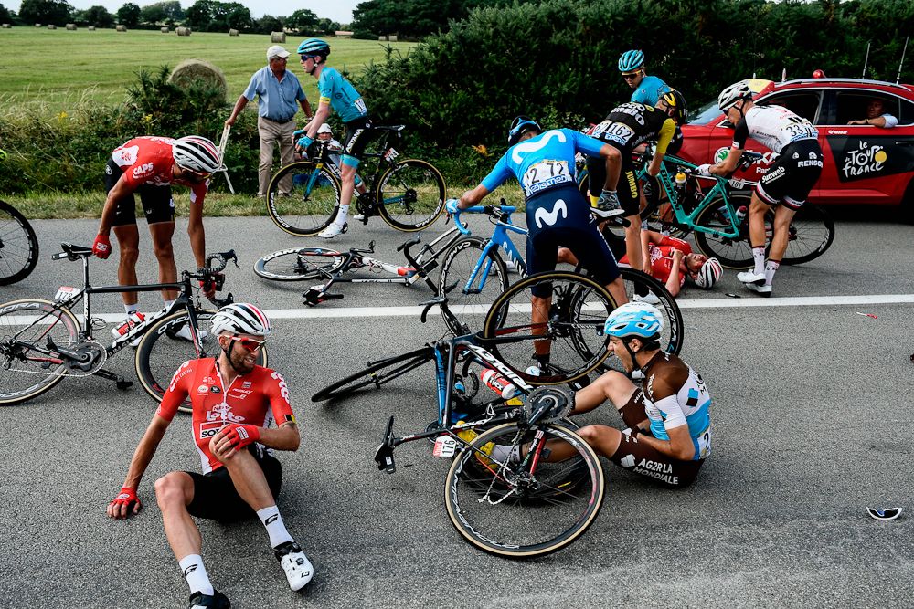 Riders are caught up in a crash during stage 4 at the Tour de France