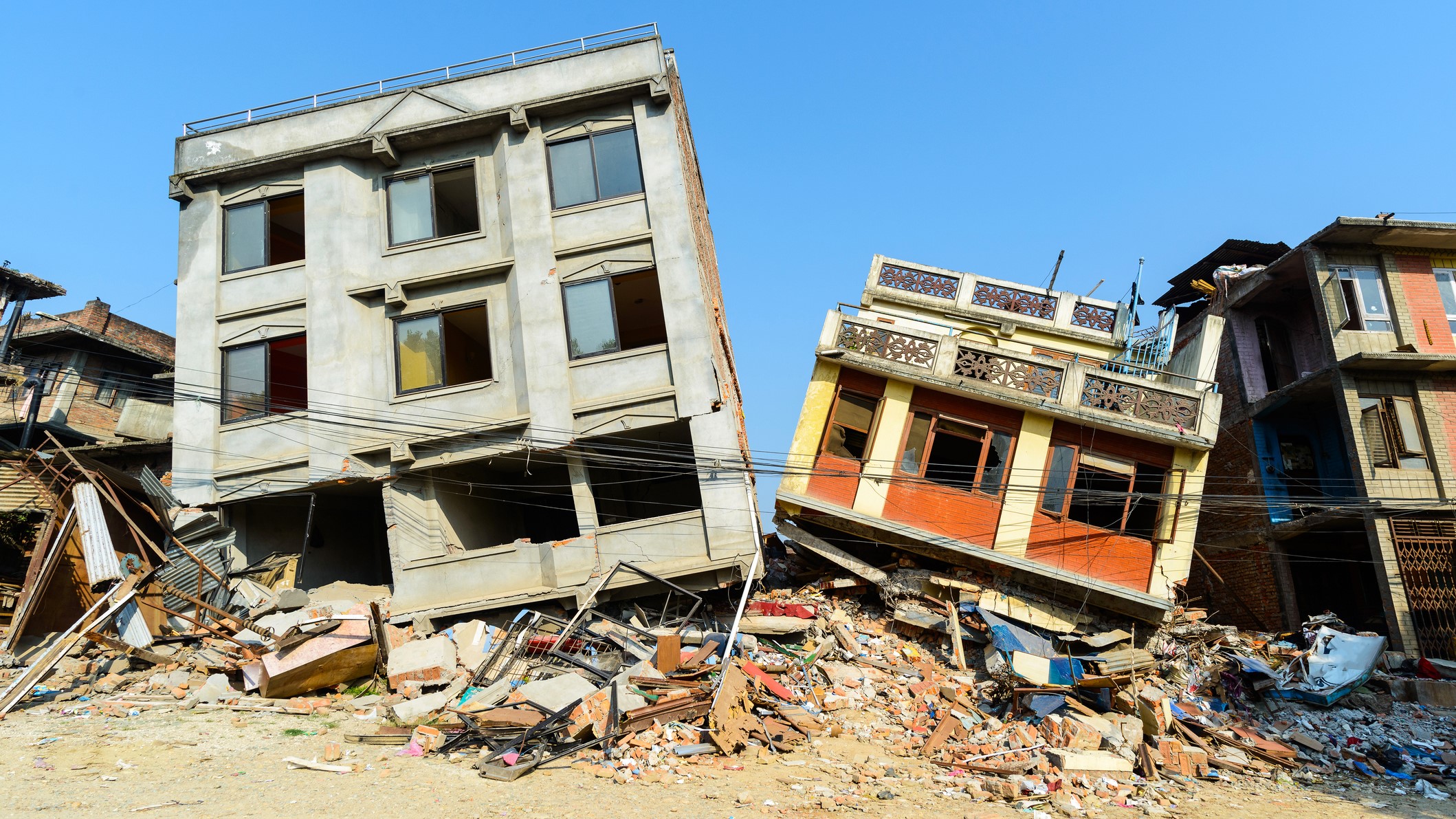 Buildings are reduced to rubble after the 2015 earthquake in Nepal.