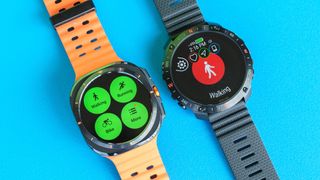 Polar Grit X2 Pro and Samsung Galaxy Watch Ultra close-up photo on a bright blue background